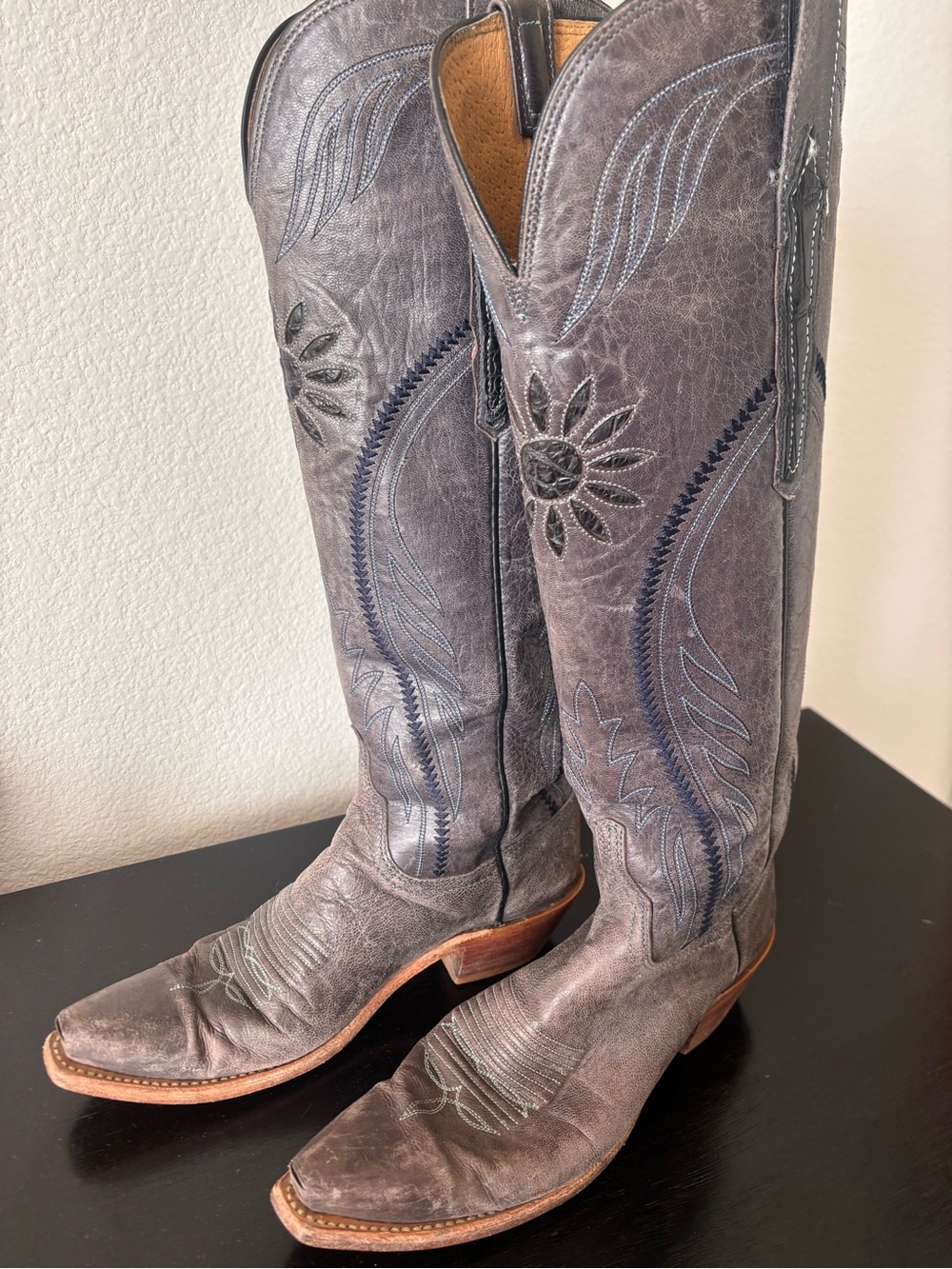 Lucchese Gray Blue Embroidered Leather Tall sunflower cowboy boots